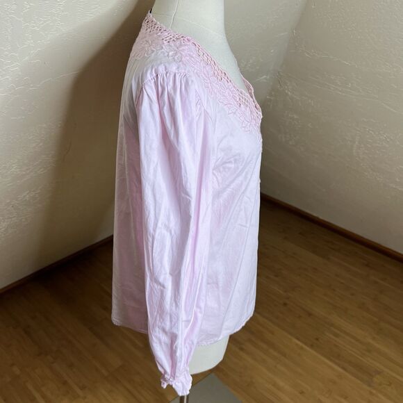 J Crew Top Womens Small Pink V Neck Eyelet Trim Cotton Long Sleeve Preppy - Picture 4 of 9